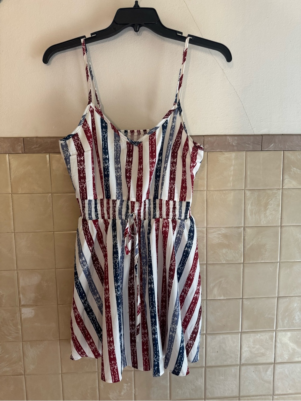 Woman Striped Spaghetti Strap One-Piece - Red, White & Blue